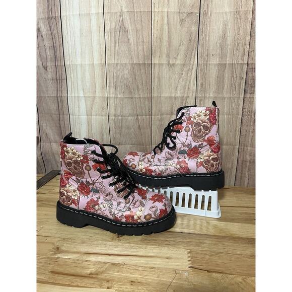 TUK Anarchic Pink Skull & Roses Combat Boots - Picture 2 of 10